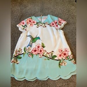 VTG Ted Baker London Women’s Top Sz 2 Multi Color Floral Hummingbird Cap Sleeve